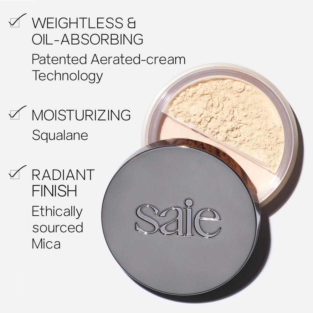 Saie powder applied with brush delivering smooth, blurred skin benefit