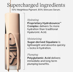 Saie ingredients label close-up highlighting hyaluronic acid and squalane benefits