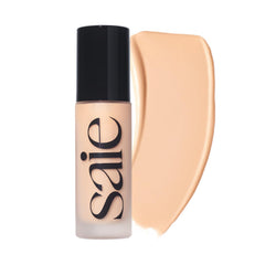 Saie bottle front view showing shade 8 and dewy finish benefit