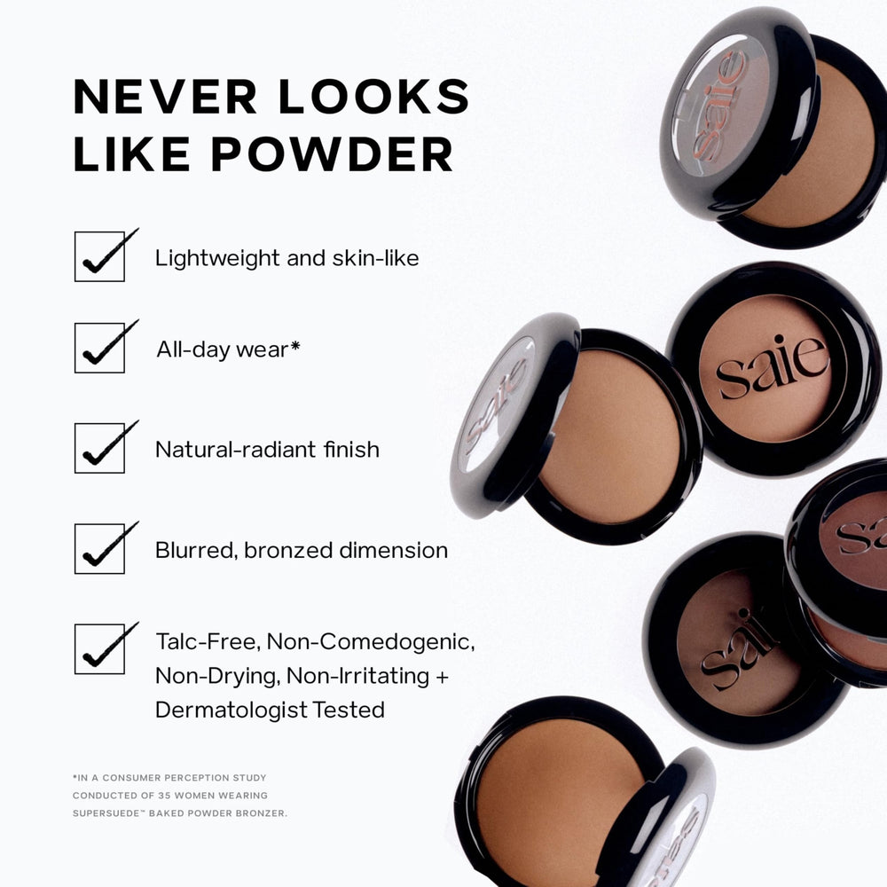 Saie side profile wearing bronzer Napoli giving natural sunlit cheek definition