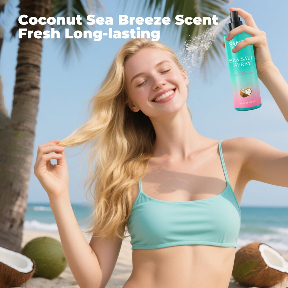 SAISZE bottle on beach towel conveying vacation-ready hair benefits