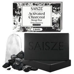 SAISZE charcoal soap front packaging showing clean branding and benefits