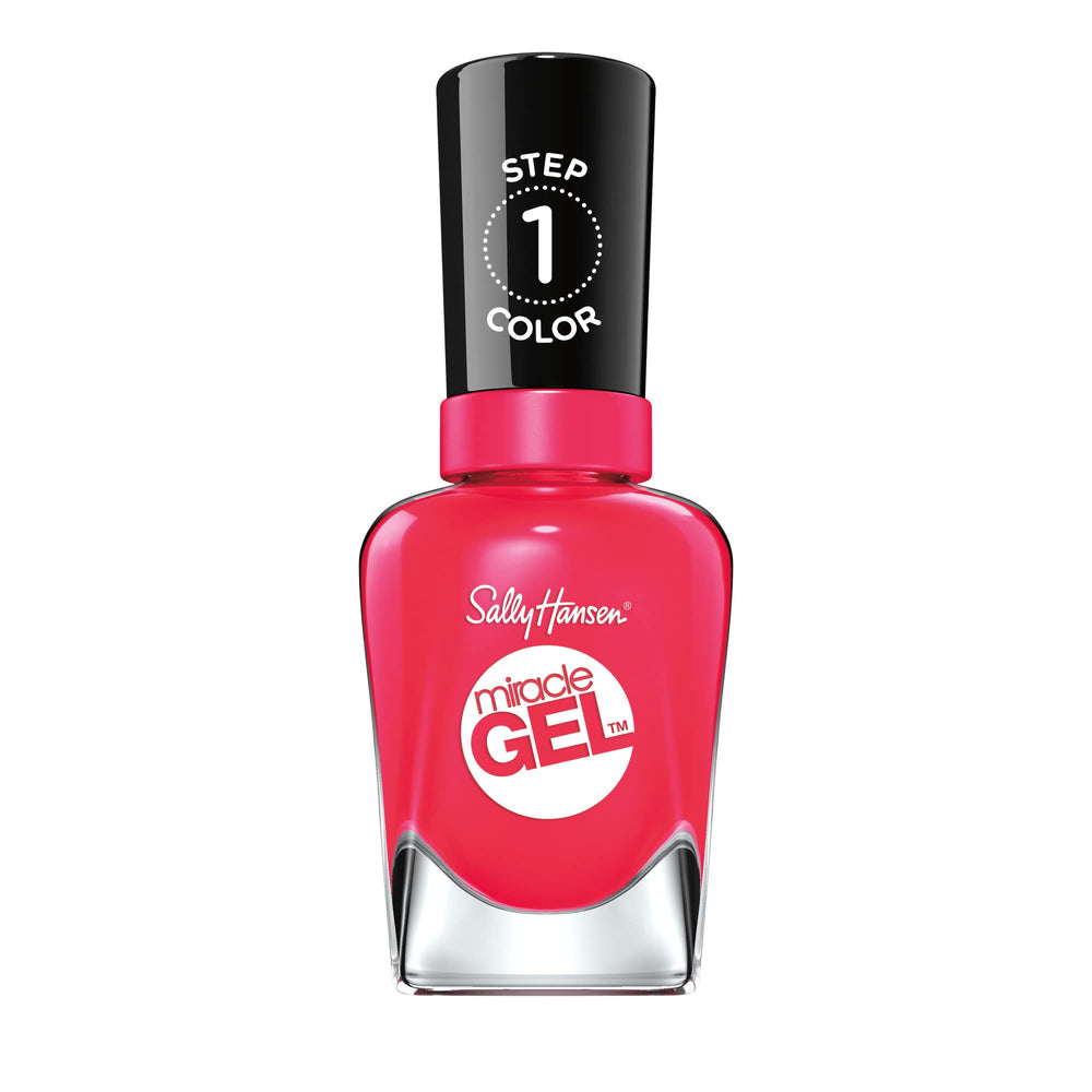 Sally Hansen bottle front view showing 329 Pink Tank and glossy finish benefit