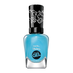 Sally Hansen bottle front packaging showing bold cyan color and Keith Haring artwork benefit: collectible design