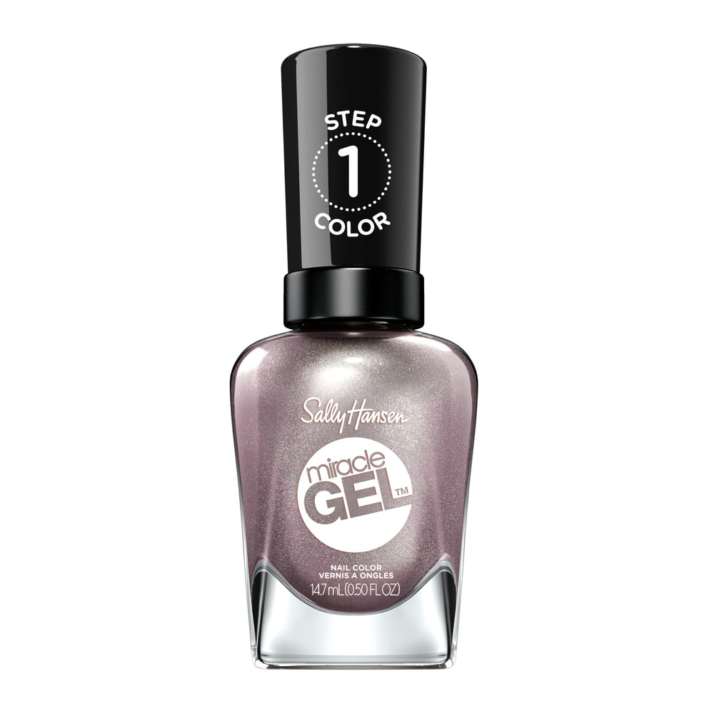 Sally Hansen bottle front view showing metallic plum-brown shade and salon finish benefit