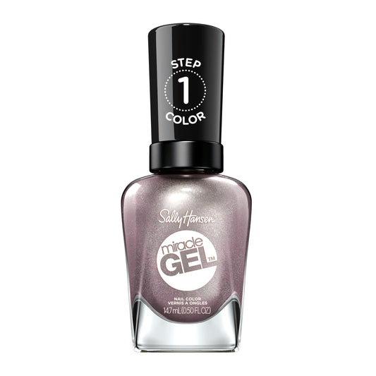 Sally Hansen bottle front view showing metallic plum-brown shade and salon finish benefit