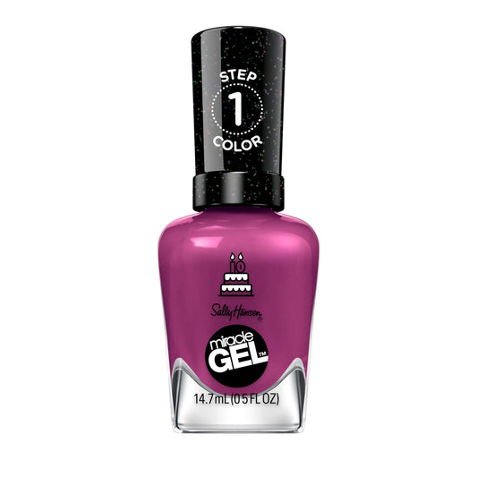Sally Hansen bottle front view showing Brewberry plum color and benefit of salon finish