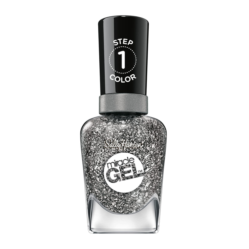 Sally Hansen front packaging showing Deep Sea Diamond silver glitter polish benefit durable shine