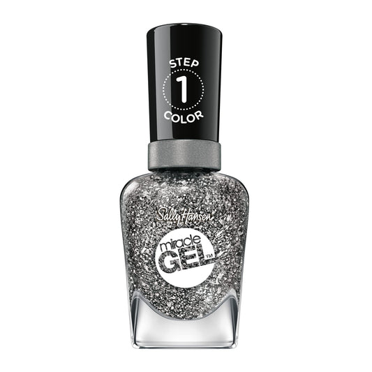 Sally Hansen front packaging showing Deep Sea Diamond silver glitter polish benefit durable shine