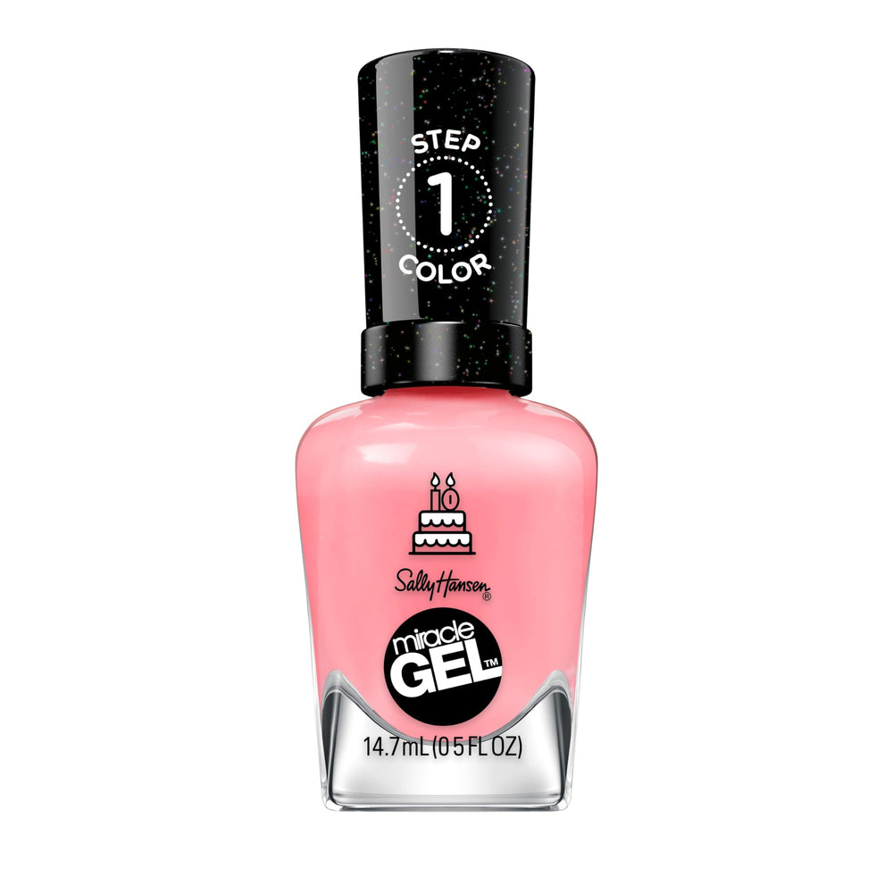 Sally Hansen front bottle showing 341 Pink an Outfit and easy-at-home benefit