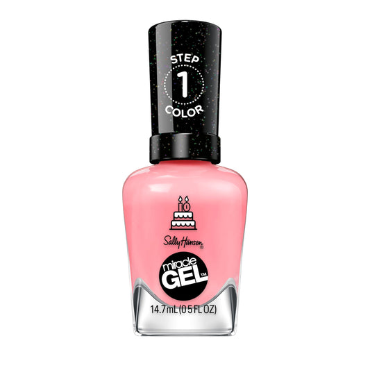 Sally Hansen front bottle showing 341 Pink an Outfit and easy-at-home benefit