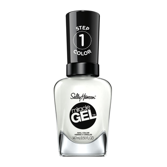 Sally Hansen bottle front view showing glossy white polish benefit long-lasting shine