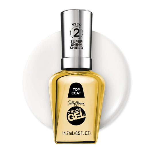 Sally Hansen front bottle shot showing glossy top coat and clear branding benefit shine