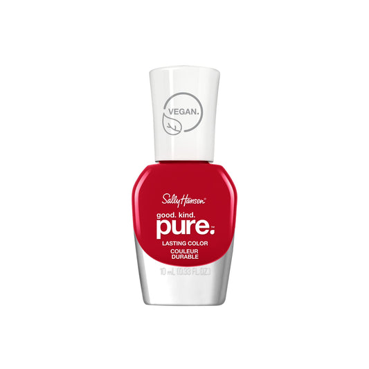 Sally Hansen bottle front view showing warm red and glossy finish benefit
