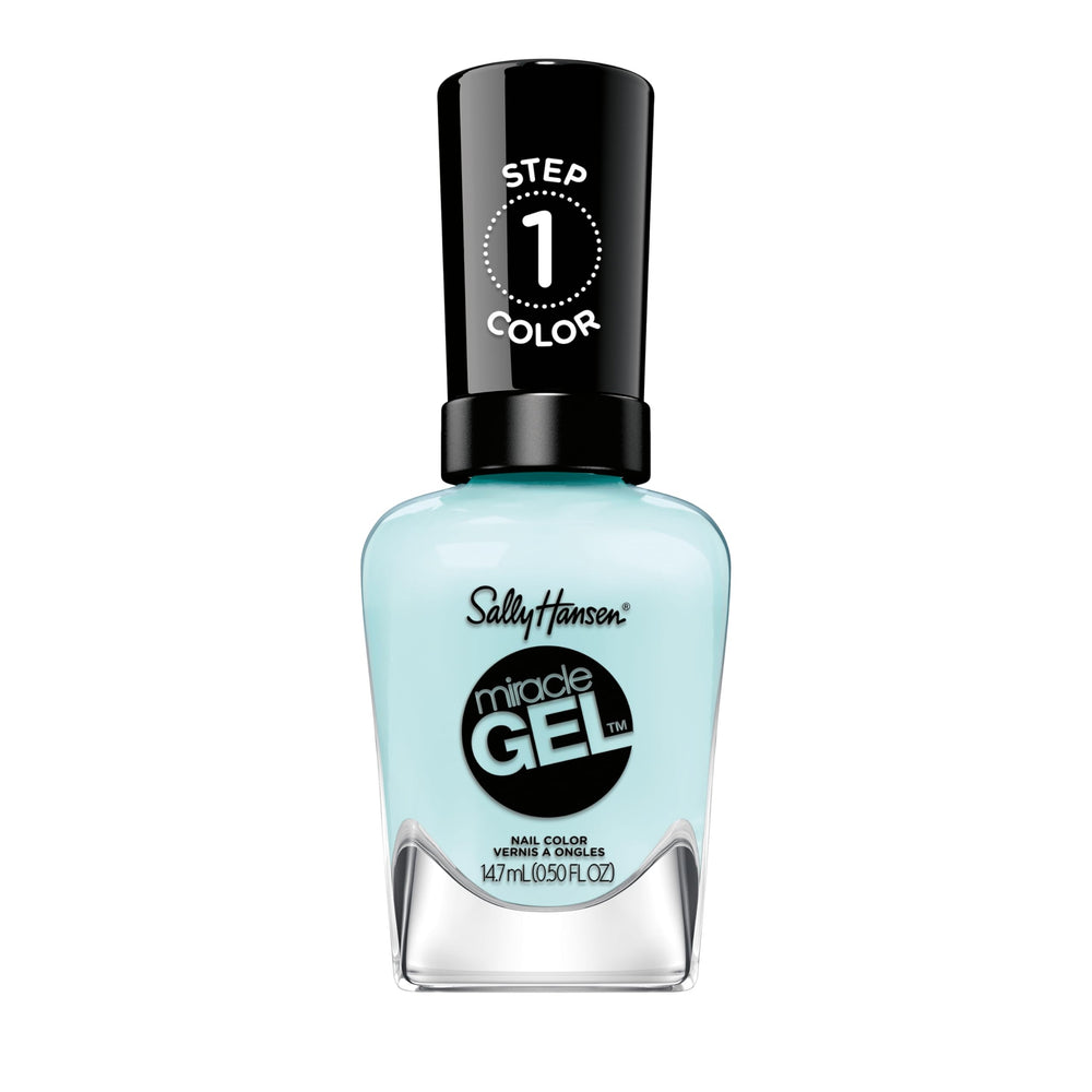 Sally Hansen front bottle showing vibrant Grand Cyan blue and glossy finish