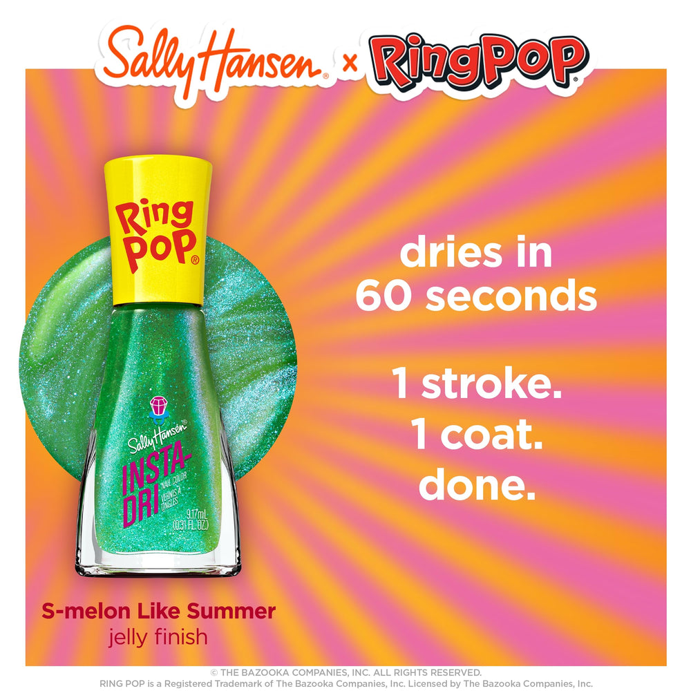 Sally Hansen bottle label angled view highlighting Insta-Dri branding and benefits