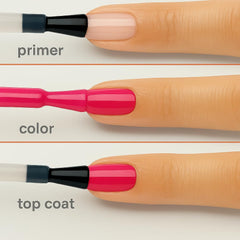 Sally Hansen swatch on nails showing opaque orchid pink color and salon gloss benefit