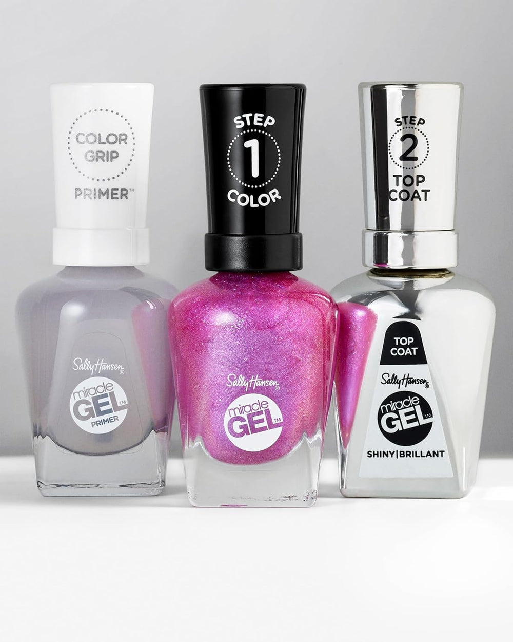 Sally Hansen color bottle next to Miracle Gel Top Coat sealing shine and durability benefit
