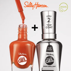 Two Sally Hansen Miracle Gel bottles showing color and top coat for simple two-step system