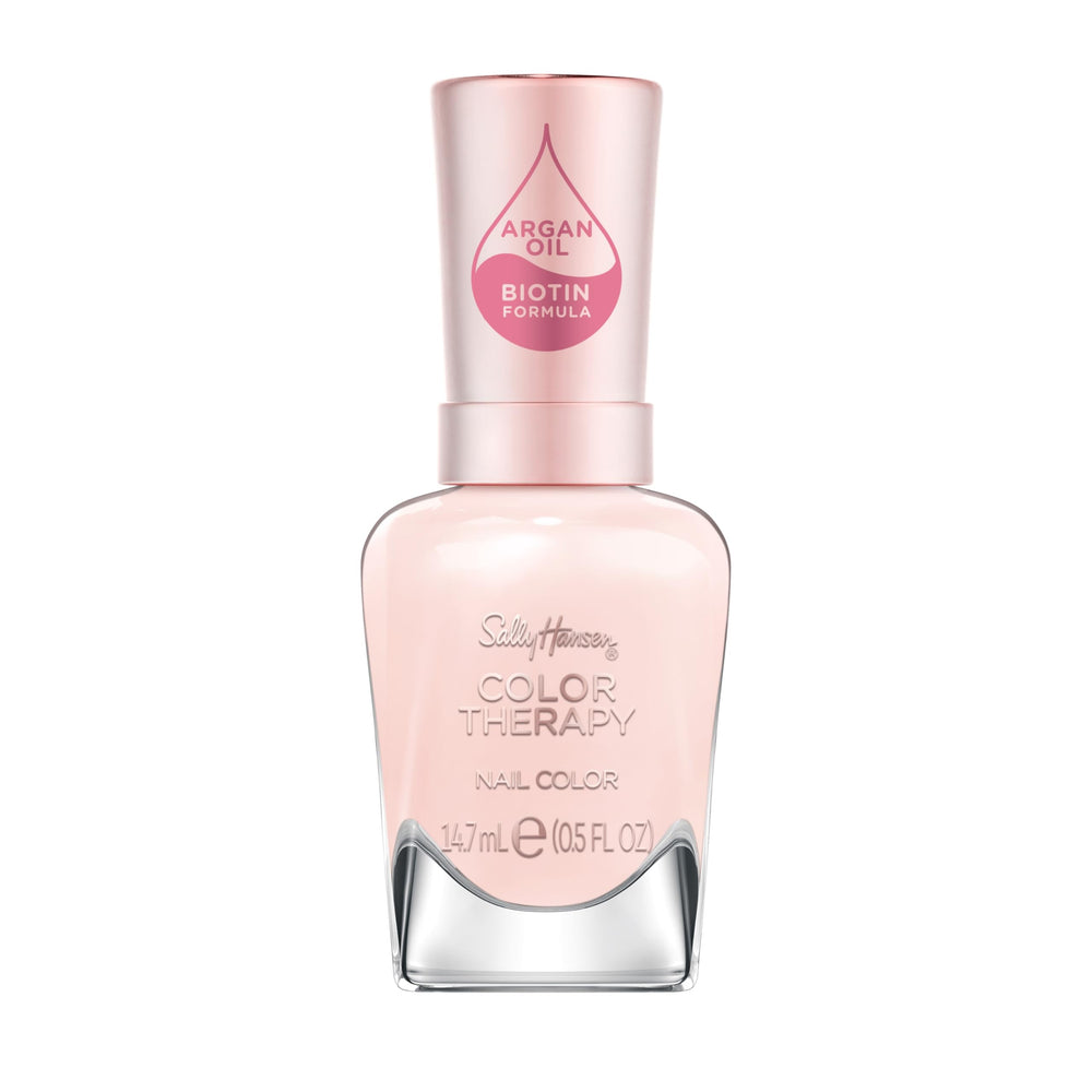 Sally Hansen bottle front view showing light pink shade and glossy finish benefit