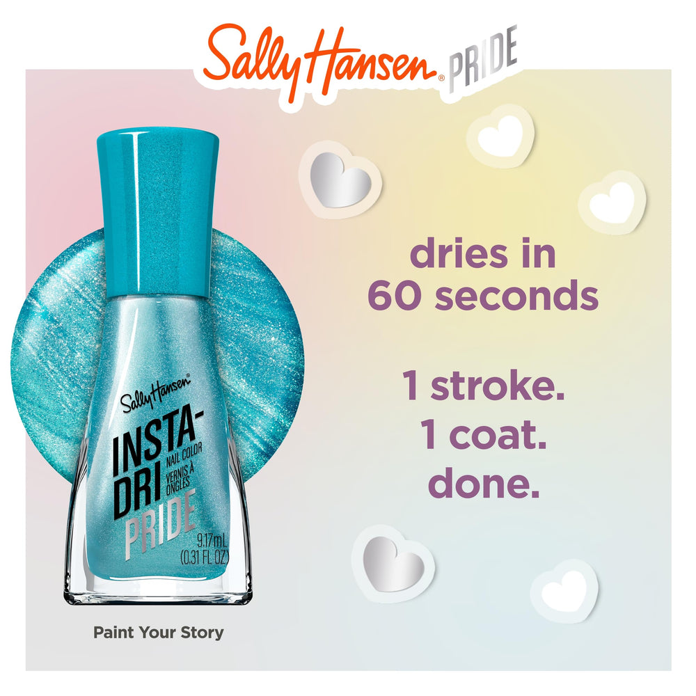 Sally Hansen polish applied on nail tips demonstrating metallic finish benefit: high-shine look