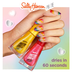 Sally Hansen lineup arranged with Progress Pride Flag highlighting charitable collaboration benefits