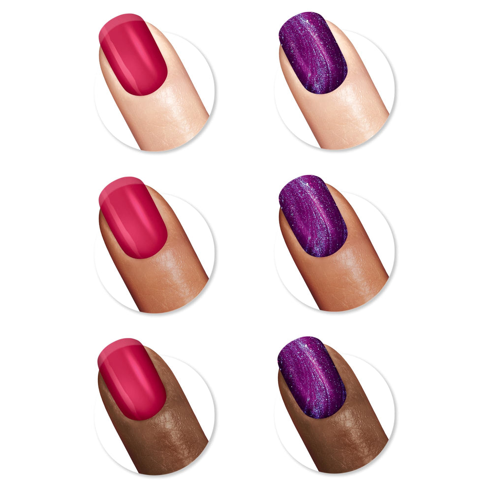 Sally Hansen purple polish swatch on nail for playful pop-of-color benefit