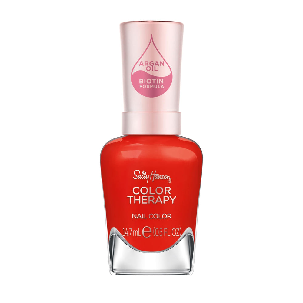 Sally Hansen bottle front view showing rich red shade and glossy finish benefit