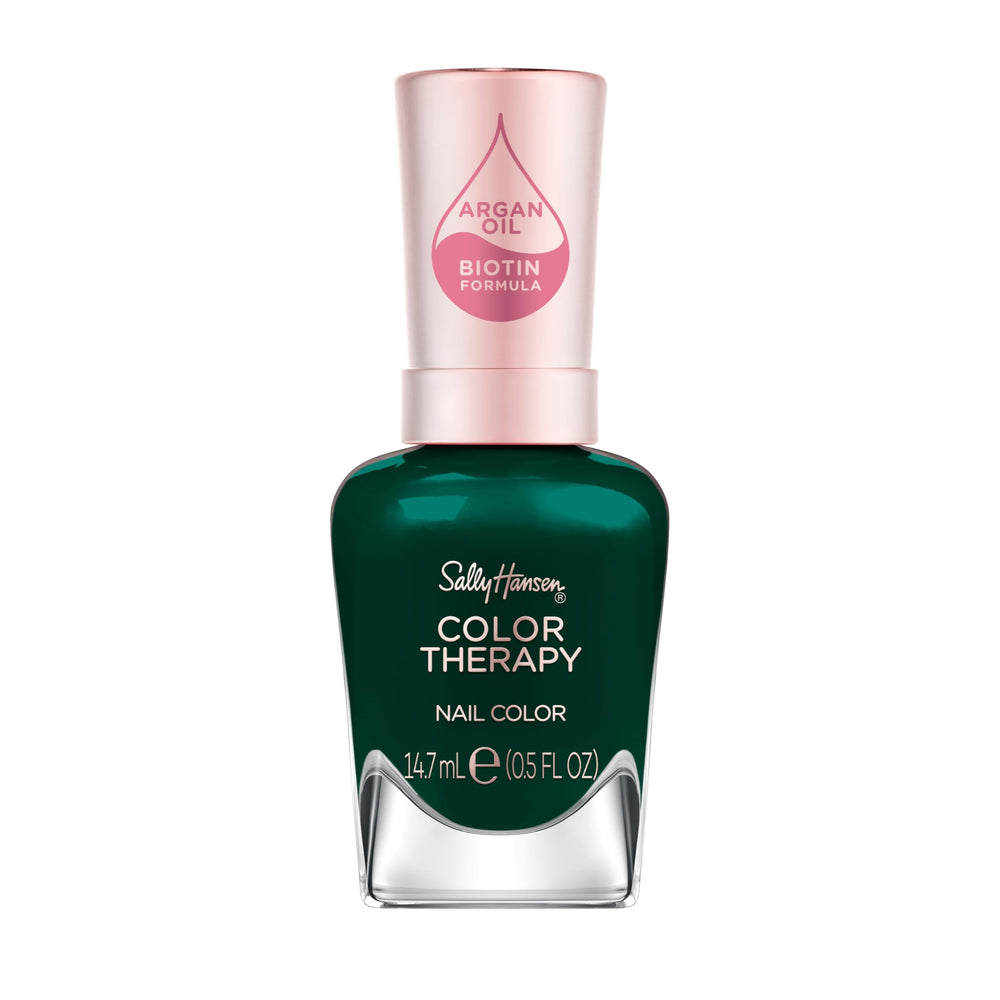 Sally Hansen bottle front view showing serene green shade and glossy finish benefit