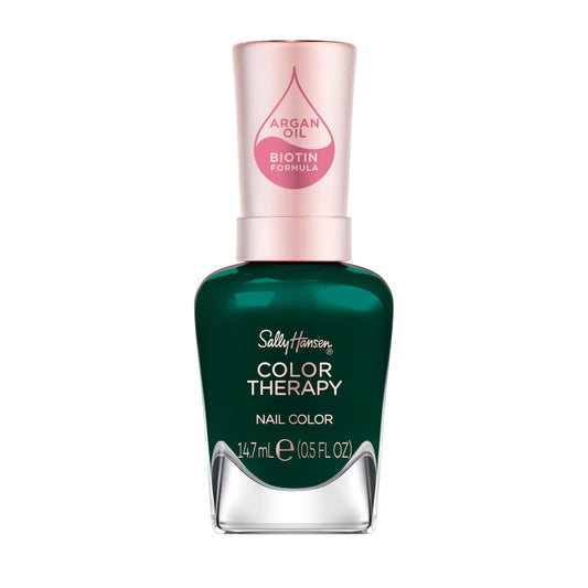 Sally Hansen bottle front view showing serene green shade and glossy finish benefit