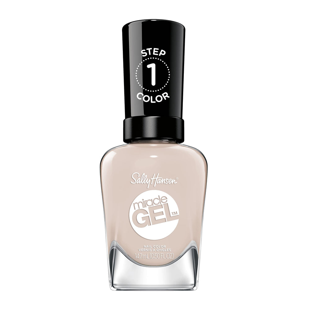 Sally Hansen bottle front view showing nude beige shade and glossy finish