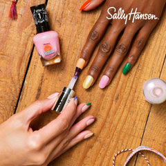 Sally Hansen swatches on skin illustrating color payoff and true-to-bottle benefit