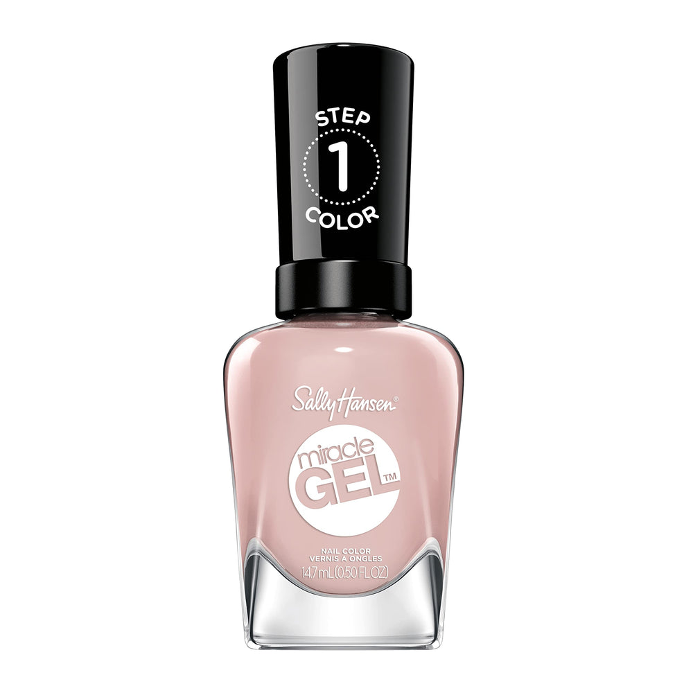 Sally Hansen bottle front showing nude-pink shade and glossy finish benefit
