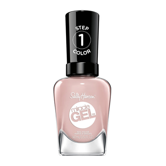 Sally Hansen bottle front showing nude-pink shade and glossy finish benefit