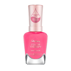 Sally Hansen front bottle view showing bright pink shade and glossy finish benefits