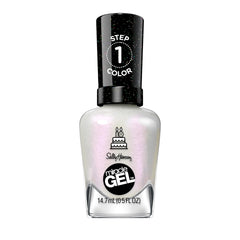 Sally Hansen front bottle showing iridescent white polish and easy application benefit