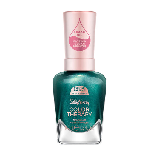 Sally Hansen bottle front view showing forest green shade and benefits