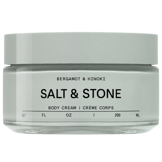 Salt & Stone front jar showing packaging and bergamot hinoki scent benefit