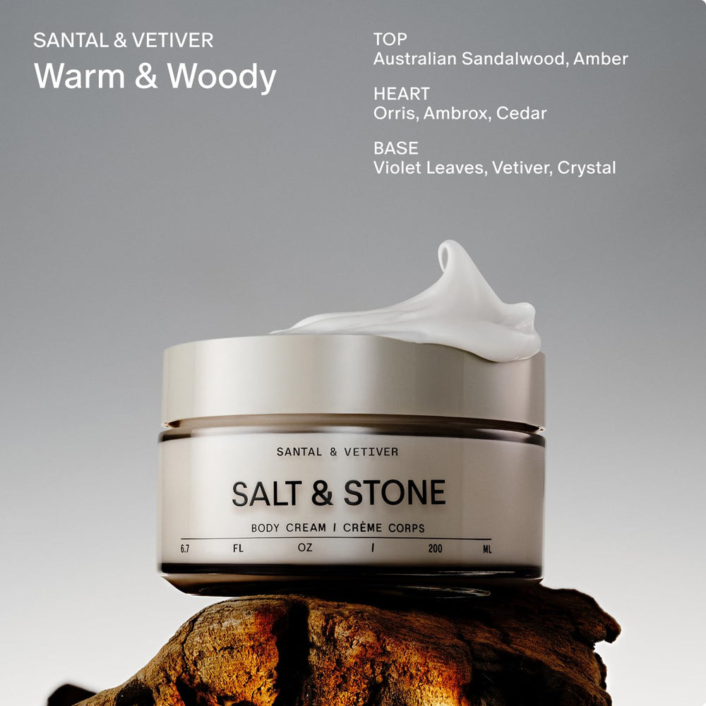 Salt & Stone open jar top view revealing rich cream consistency for deep hydration