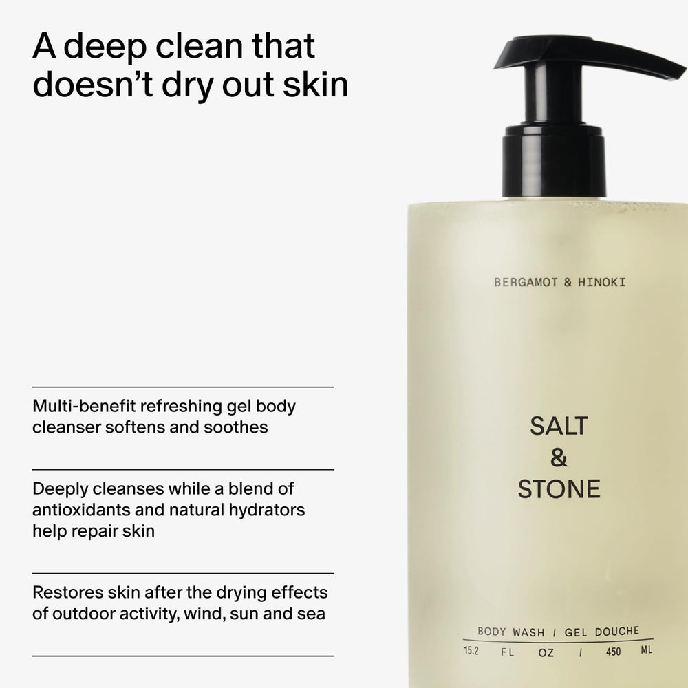 Salt & Stone bottle placed on shower shelf, suggesting everyday use convenience