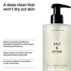 Salt & Stone bottle next to spirulina and yuzu visuals indicating botanical ingredients