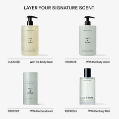 Salt & Stone bottle on shower shelf styled for daily routine inspiration and calm scent