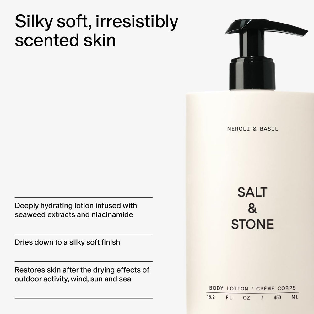 Salt & Stone 15.2 fl oz bottle next to common items for scale convenience