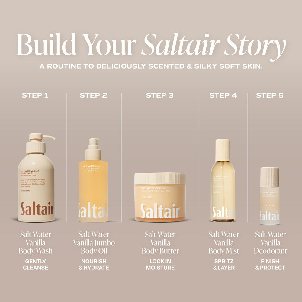 Saltair body oil applied to damp skin demonstrating moisturized finish