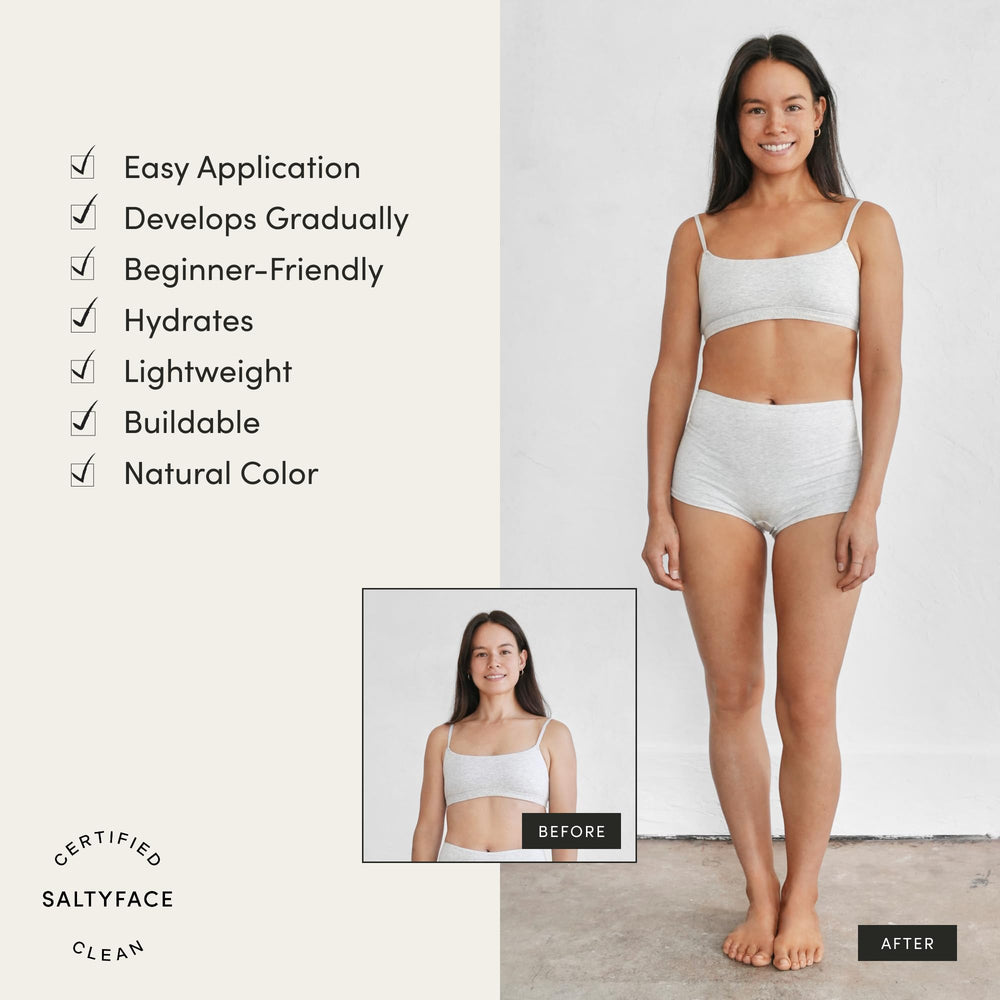 SALTYFACE application on leg illustrating even blend and streak-free finish benefit