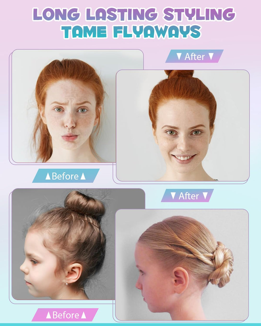 Samnyte applied to baby hairs smoothing flyaways for neat hairline