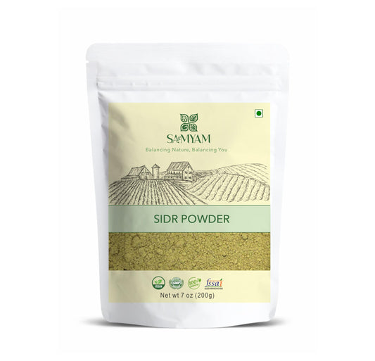 SAMYAM sidr powder front pouch showing clean packaging and weight benefit