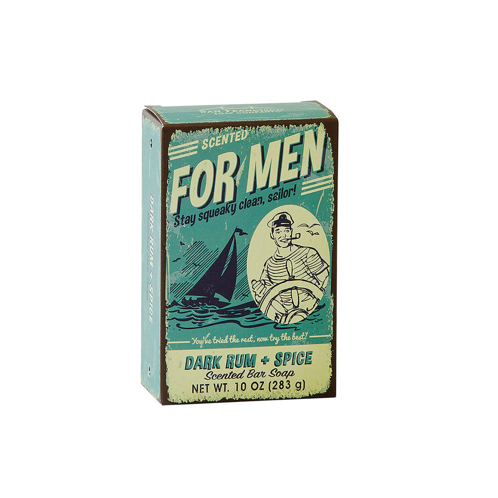San Francisco Soap Company front view of the Dark Rum and Spice bar showing packaging and benefit of warm scent