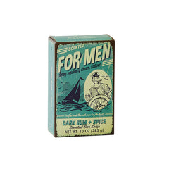 San Francisco Soap Company front view of the Dark Rum and Spice bar showing packaging and benefit of warm scent