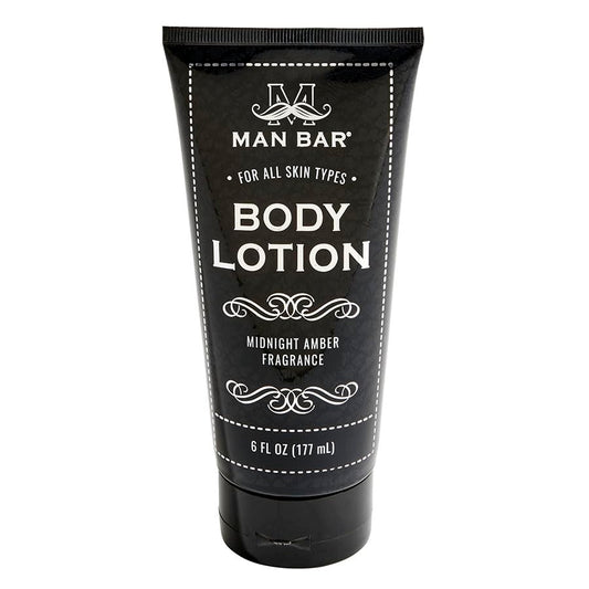 San Francisco Soap Company Man Bar front packaging showing 6 oz bottle and Midnight Amber label, durable design benefit